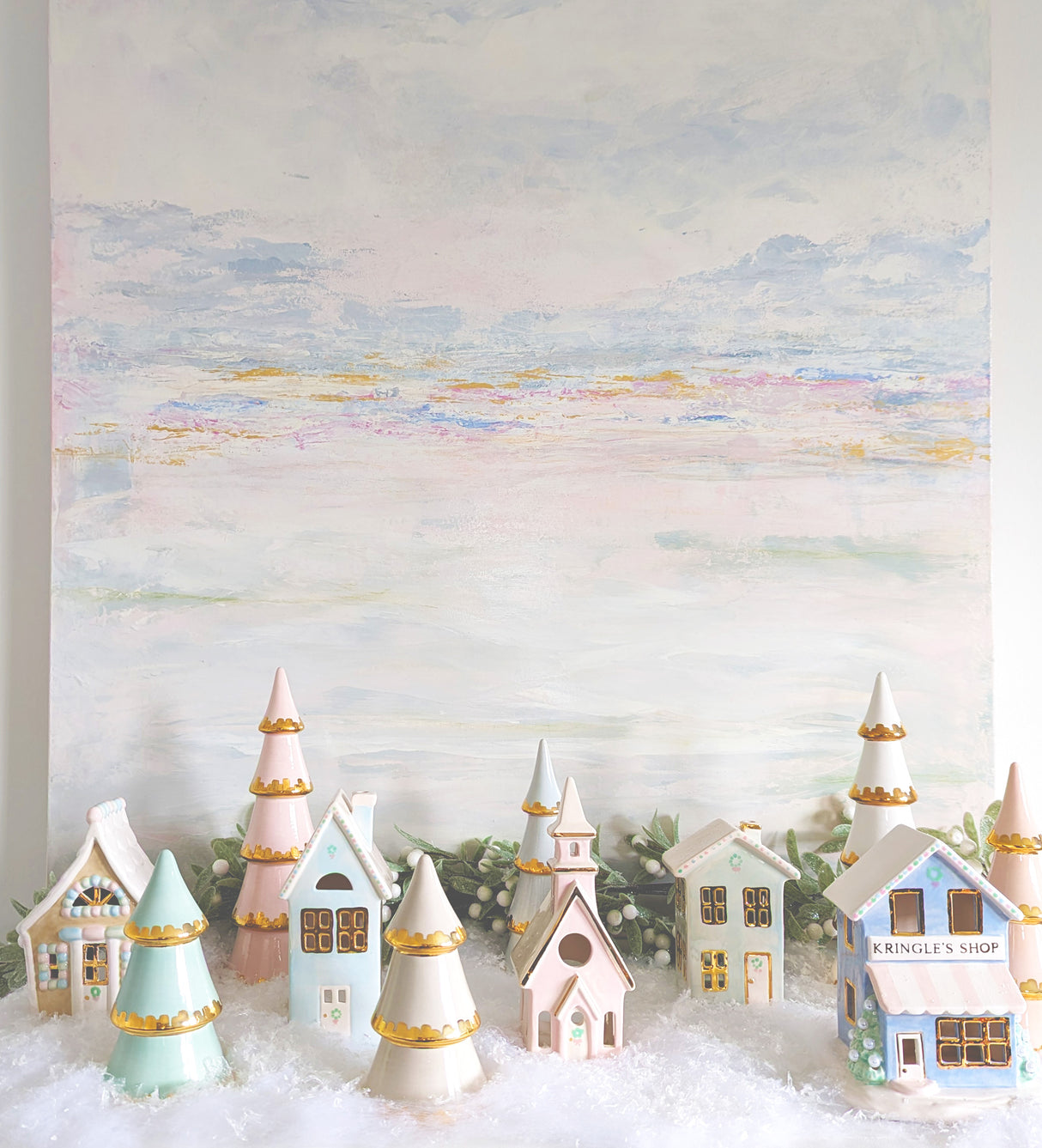 Pastel Christmas Village 3-Piece Set with 22K Gold Accents | Wholesale