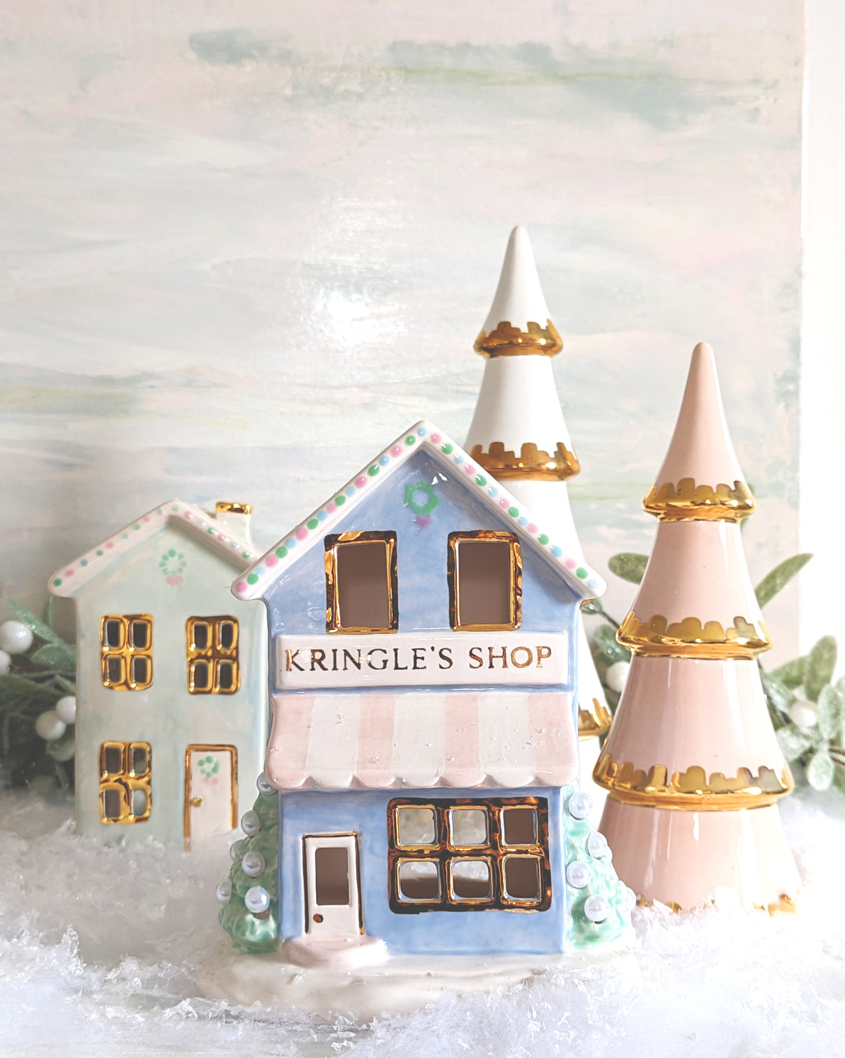 Pastel Christmas Village 3-Piece Set with 22K Gold Accents | Wholesale