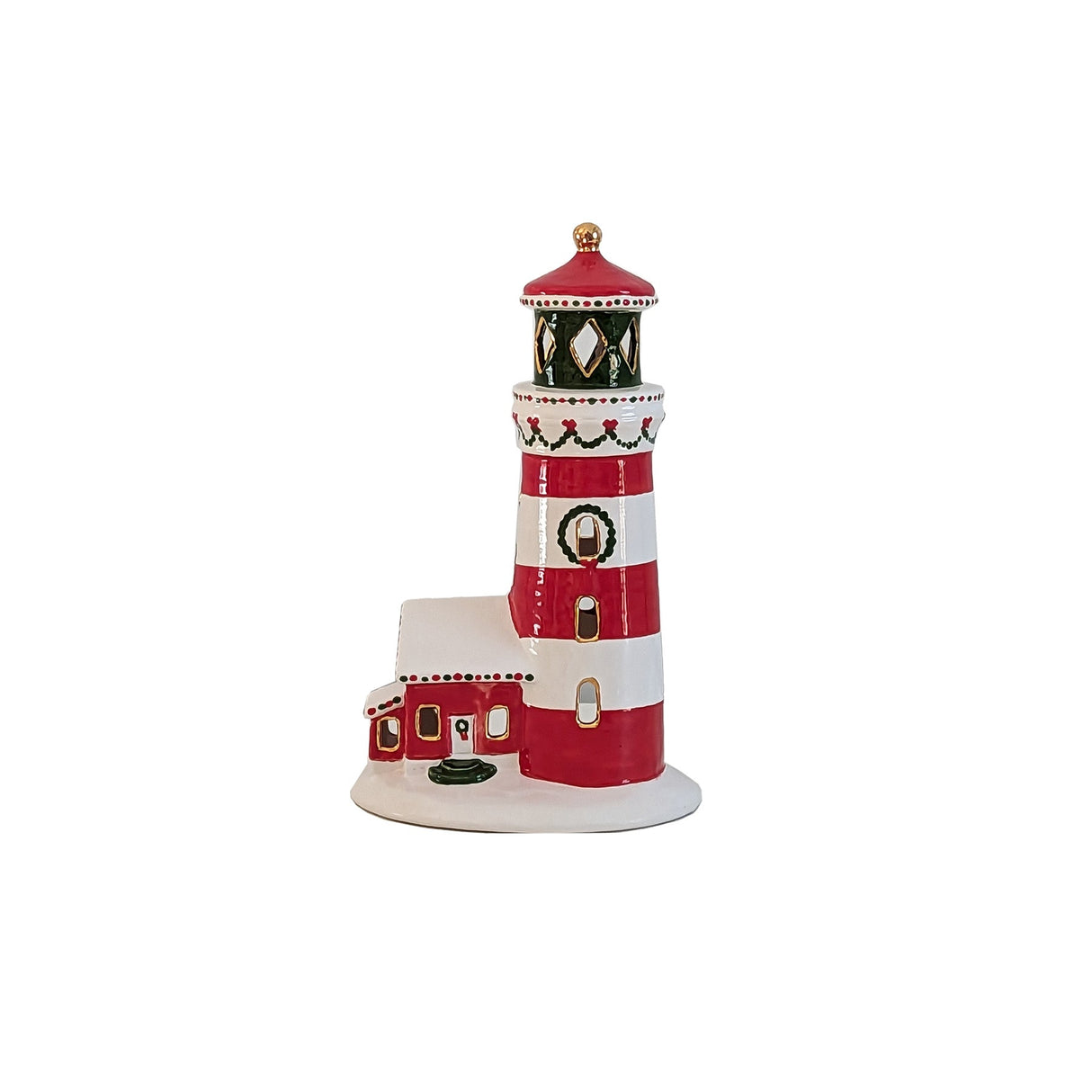 Ivory, Red and Green Lighthouse with 22K Gold Accents | Wholesale