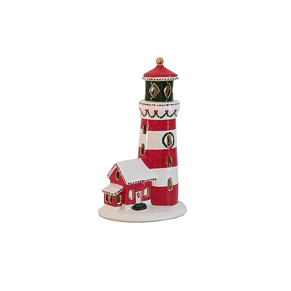 Ivory, Red and Green Lighthouse with 22K Gold Accents | Wholesale