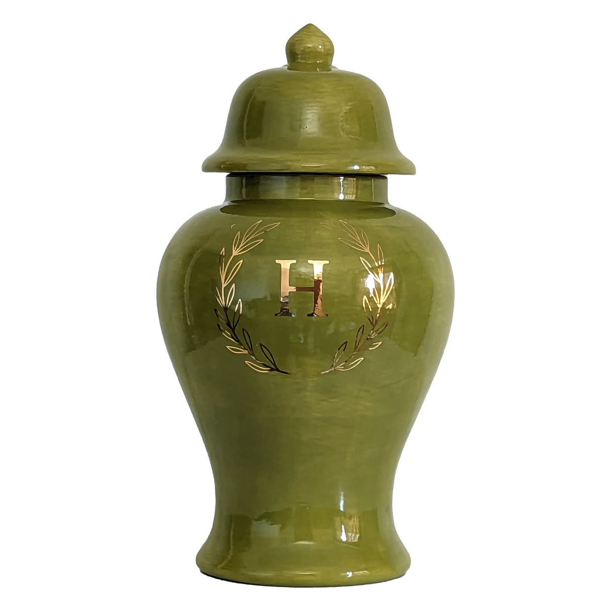 Single Letter Laurel Wreath Monogram Ginger Jars in Moss Green