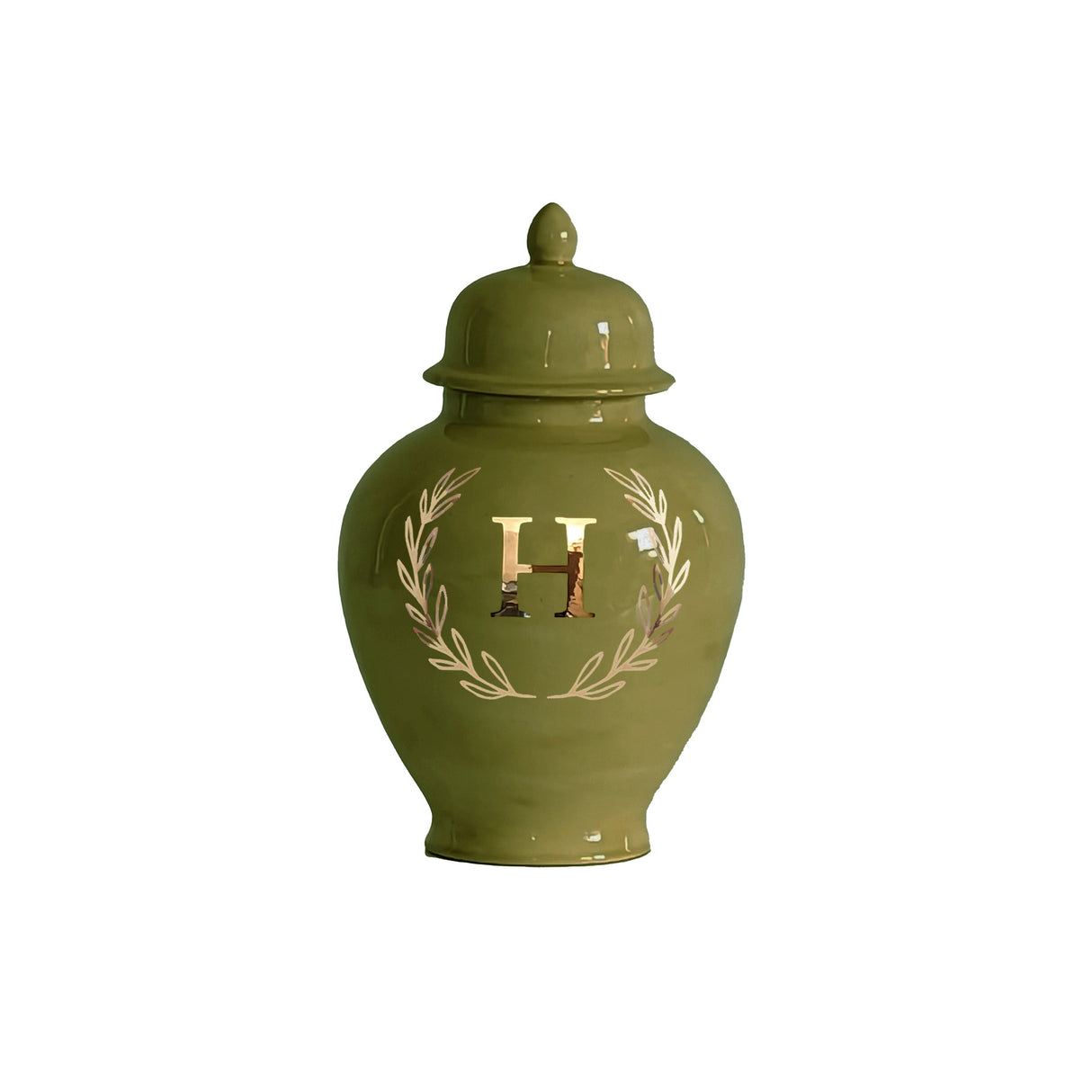 Single Letter Laurel Wreath Monogram Ginger Jars in Moss Green