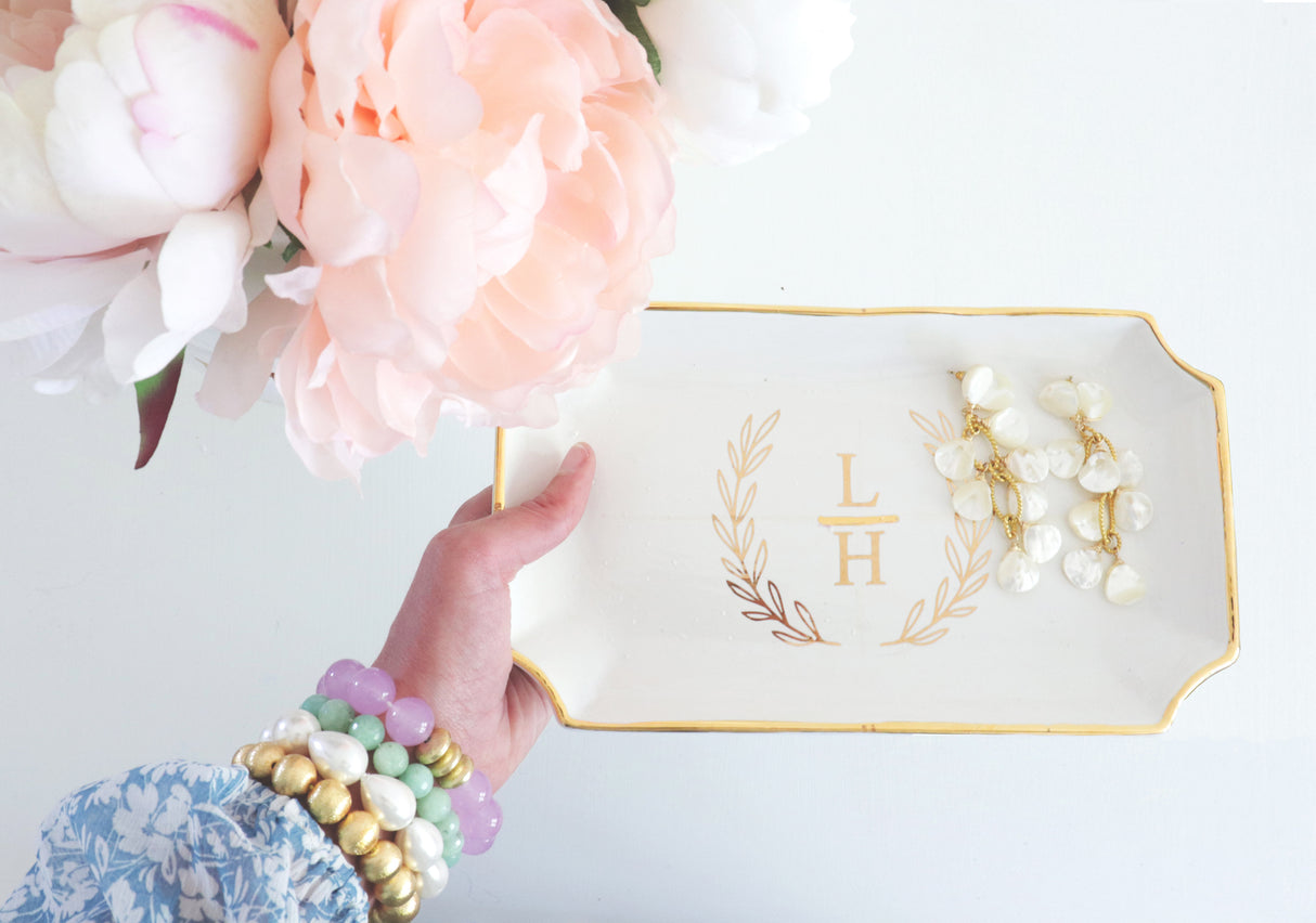 Laurel Wreath Monogram Trays with Gold Accent