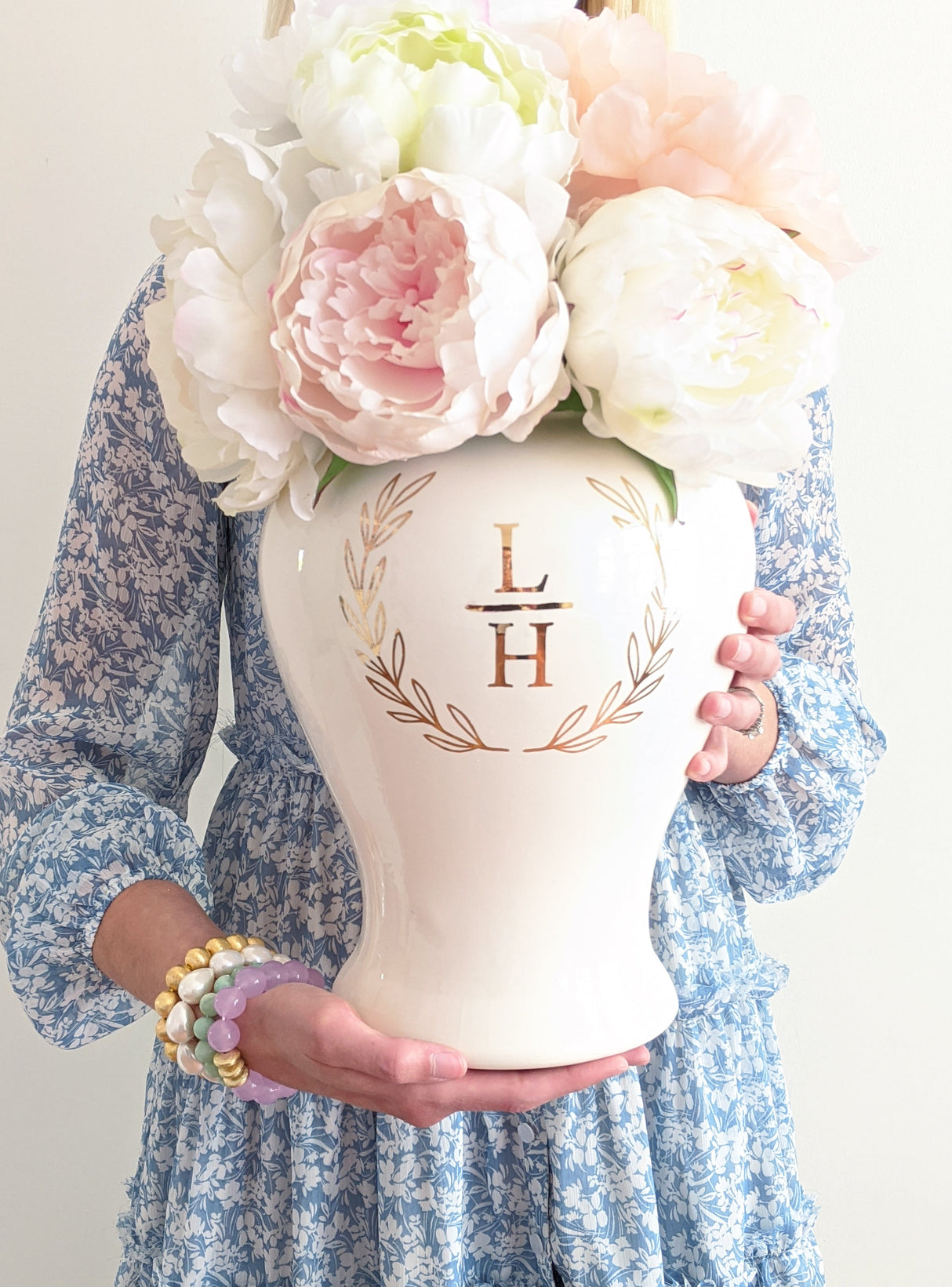 Laurel Wreath Monogram Ginger Jars in Sea Glass