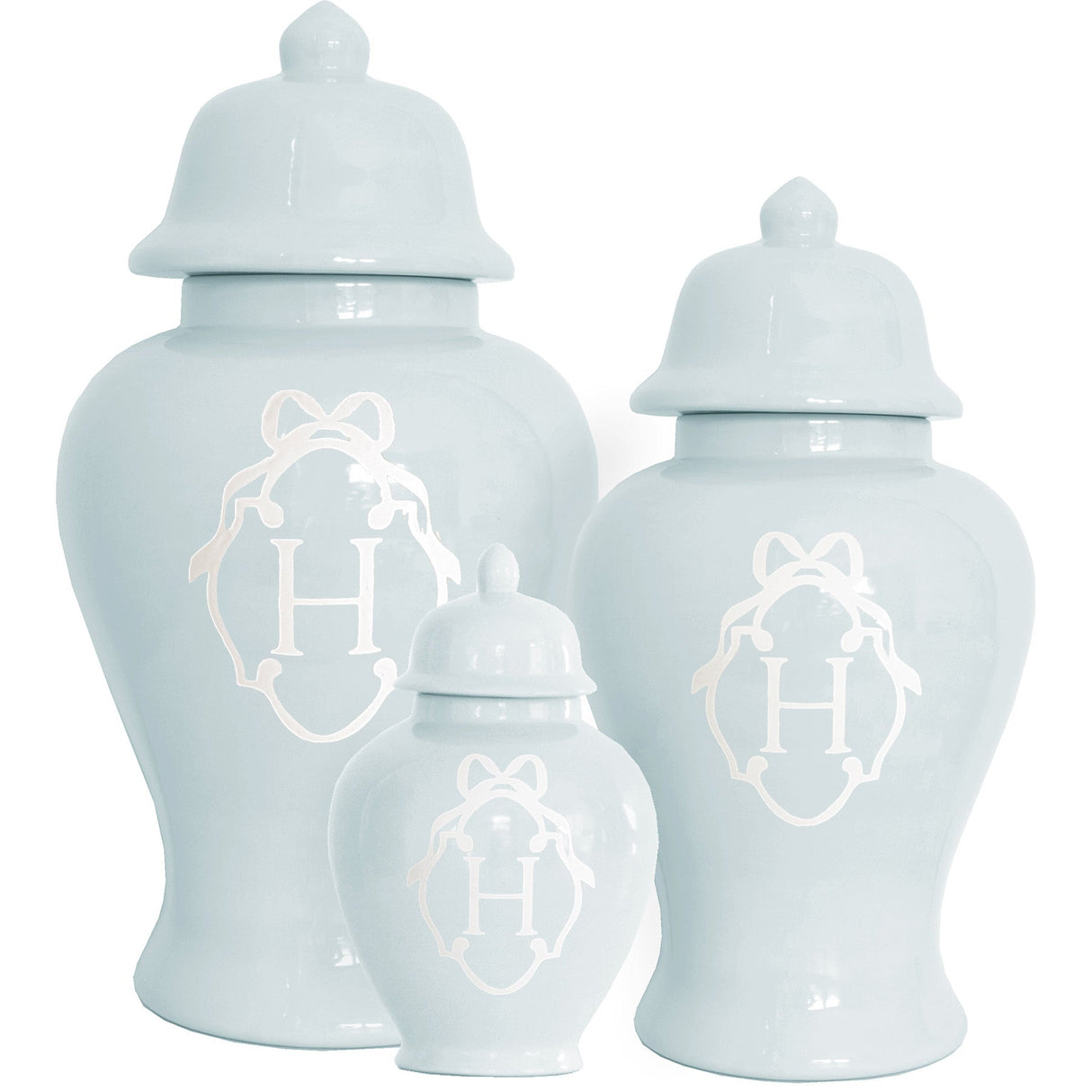 Bow Monogram Ginger Jars in Hydrangea Light Blue