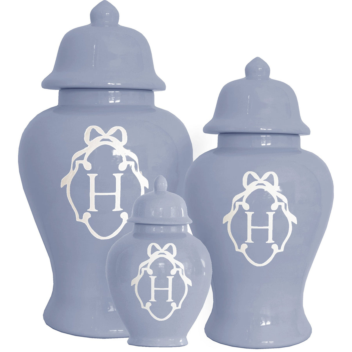 Bow Monogram Ginger Jars in Serenity Blue