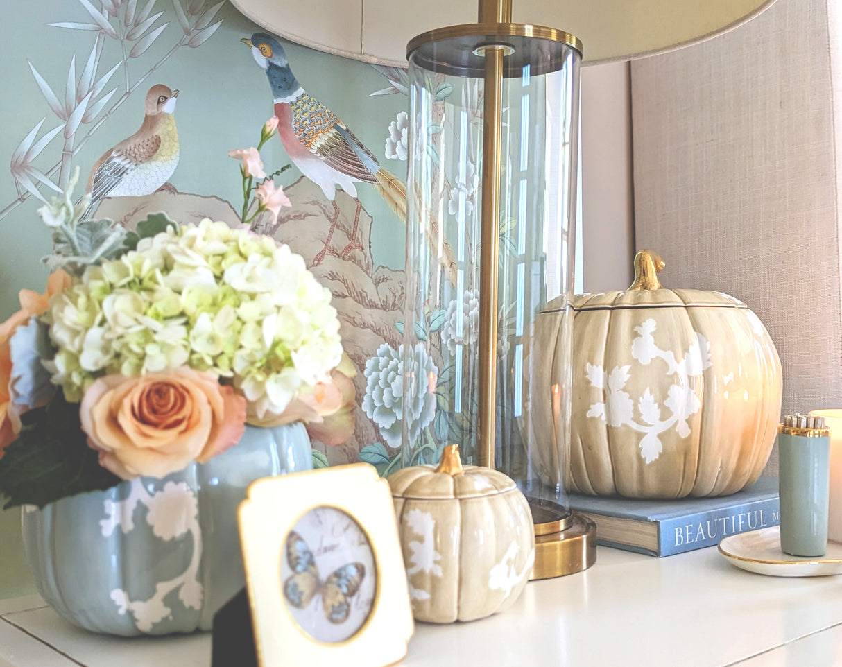 Chinoiserie Pumpkin Jars with 22K Gold Accents in Lamb's Ear