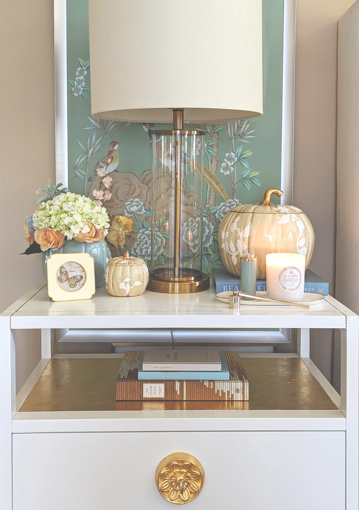 Chinoiserie Pumpkin Jars with 22K Gold Accents in Lamb's Ear