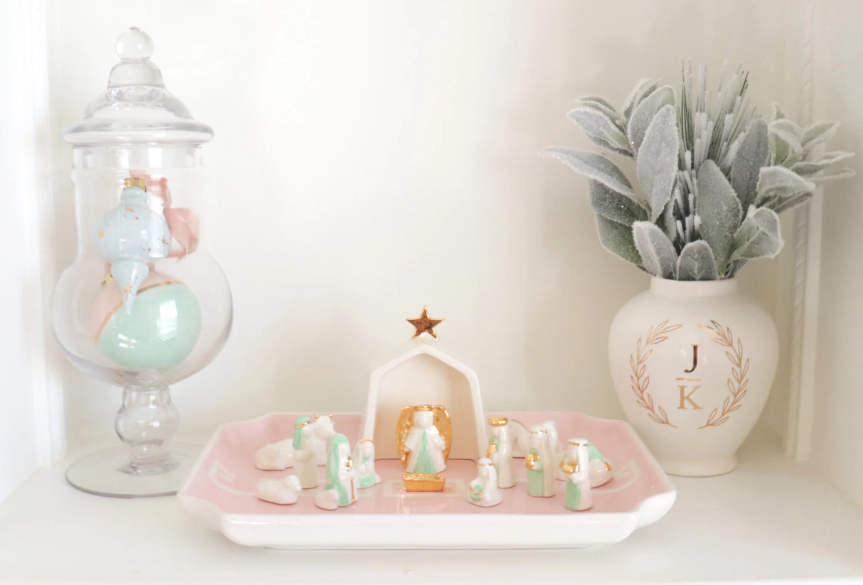 Sea Glass Green Hand-Crafted 14 Piece Nativity Set with 22K Gold Accents