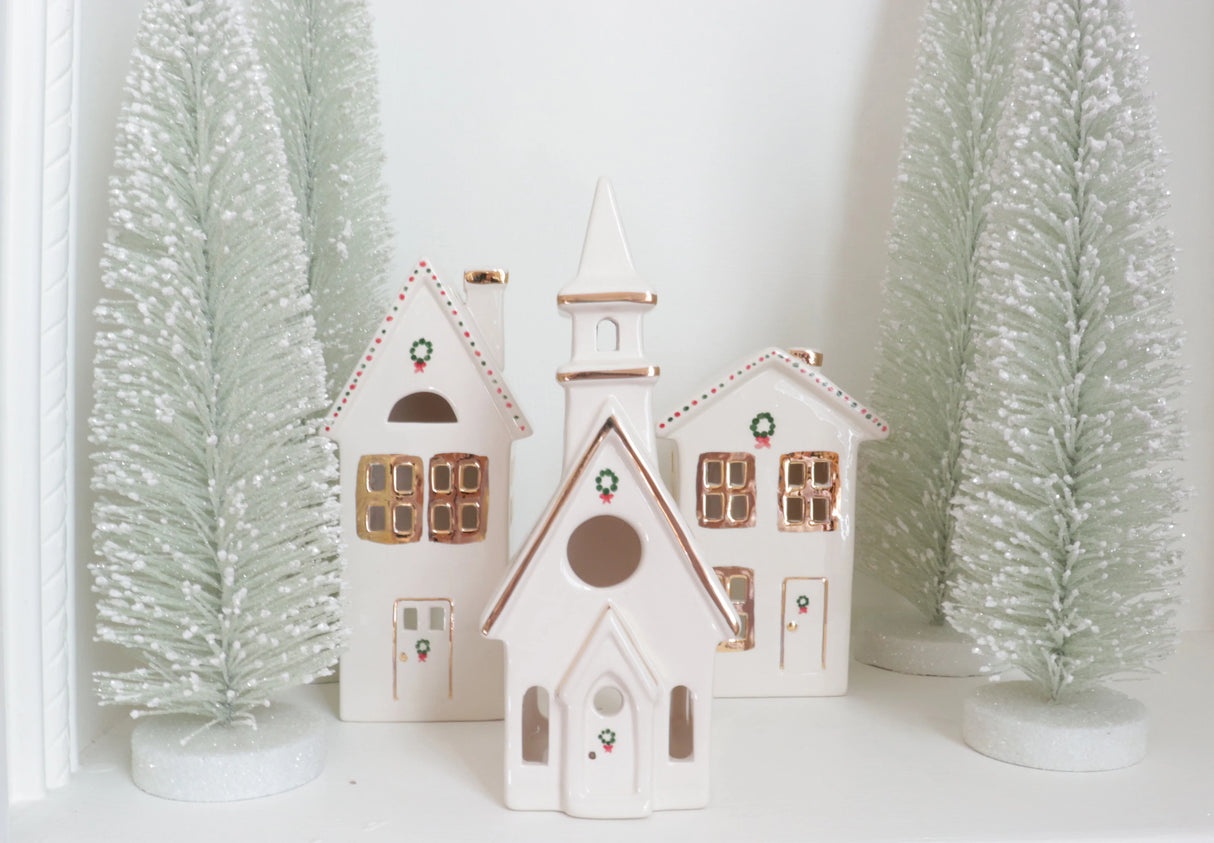 Ivory Christmas Village 3-Piece Set with 22K Gold Accents | Wholesale