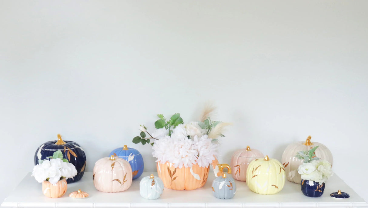 Layered Leaves Pumpkin Jars with 22K Gold Accents in 9 Colors | Wholesale