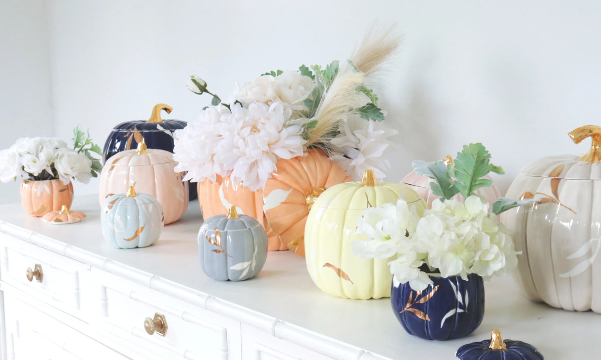 Layered Leaves Pumpkin Jars with 22K Gold Accents in 9 Colors | Wholesale