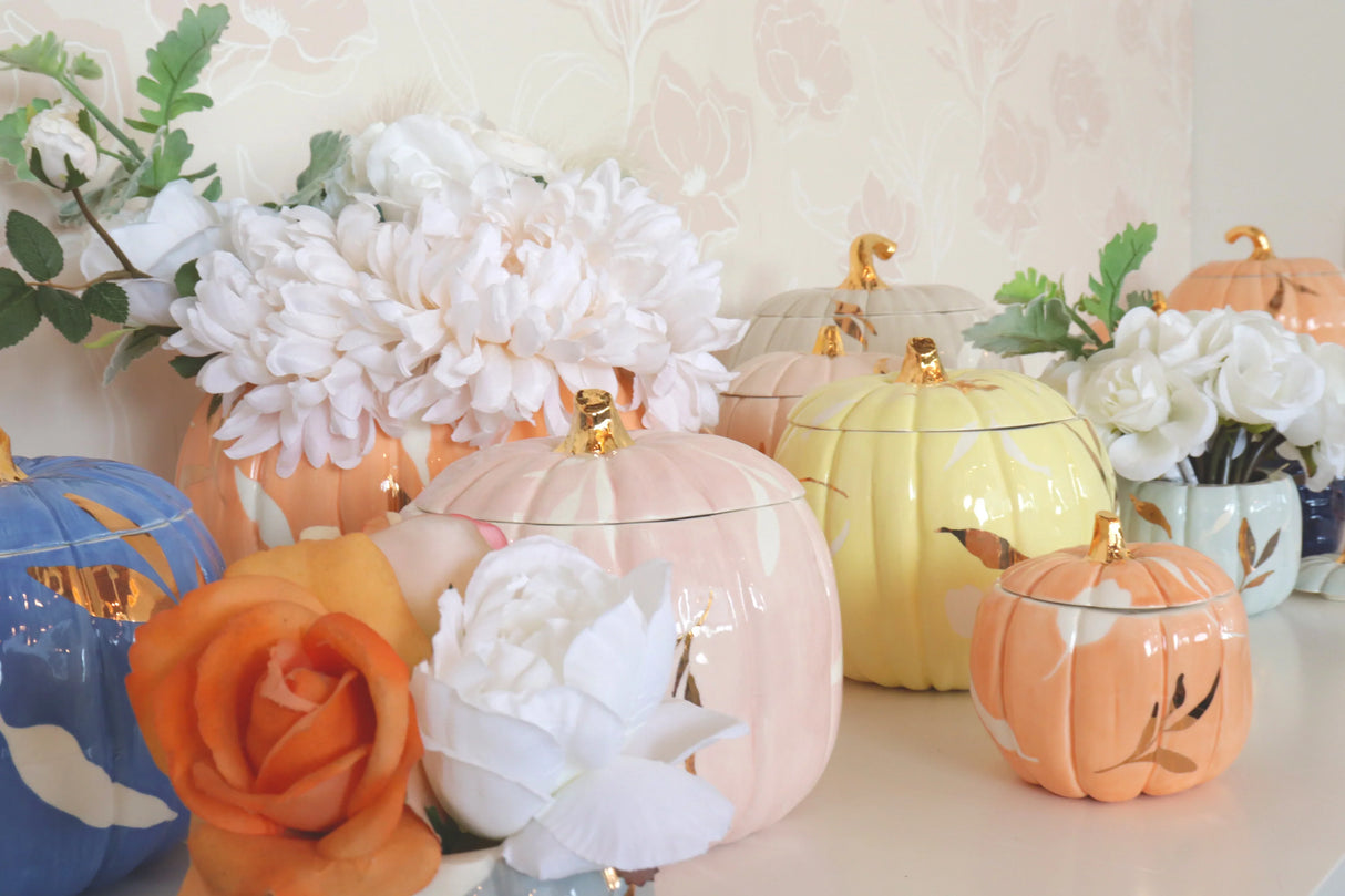 Layered Leaves Pumpkin Jars with 22K Gold Accents in 9 Colors | Wholesale