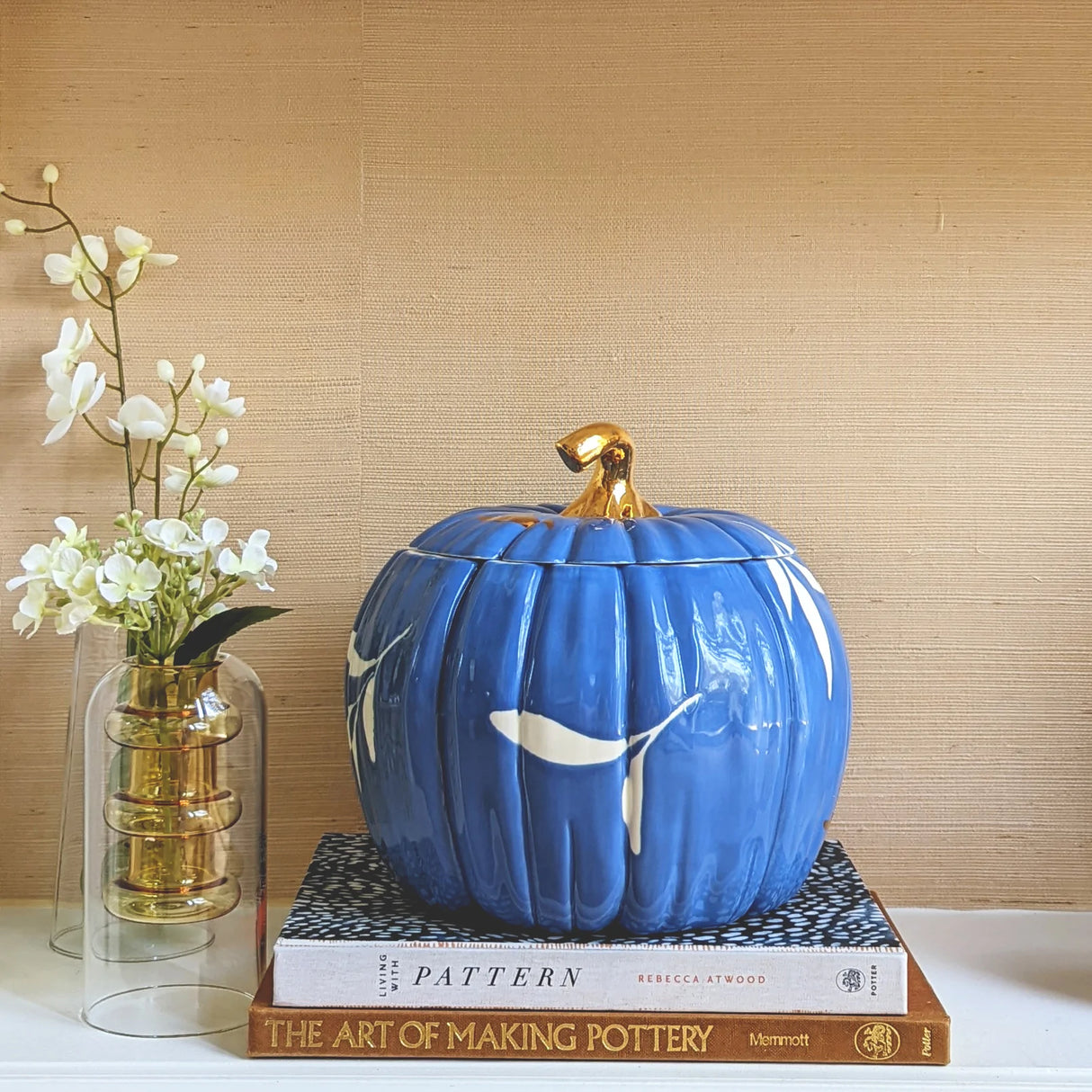 Layered Leaves Pumpkin Jars with 22K Gold Accents in French Blue