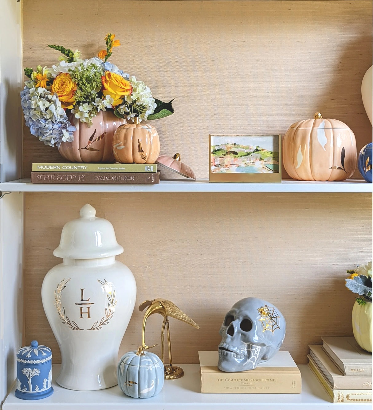 "Mr. Bones and Charlotte" Skull Decor with 22K Gold Accents- Light Gray