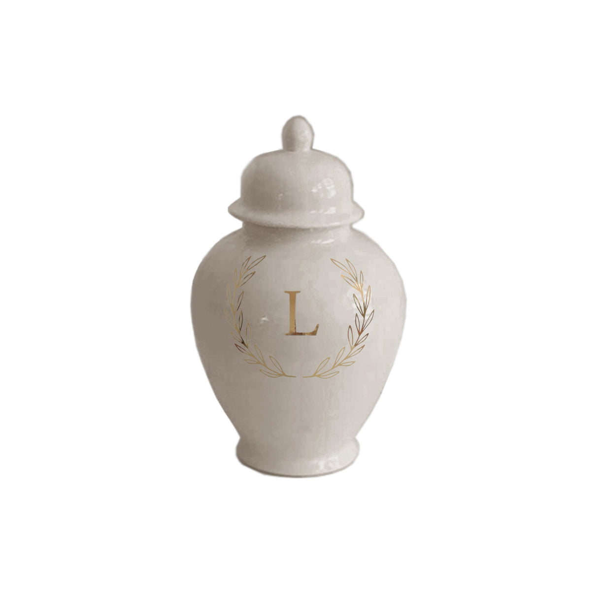 Single Letter Laurel Wreath Monogram Ginger Jars in Beige