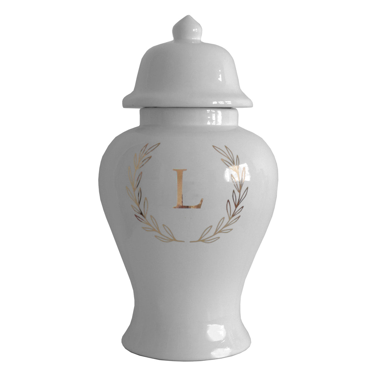 Single Letter Laurel Wreath Monogram Ginger Jars in Light Gray