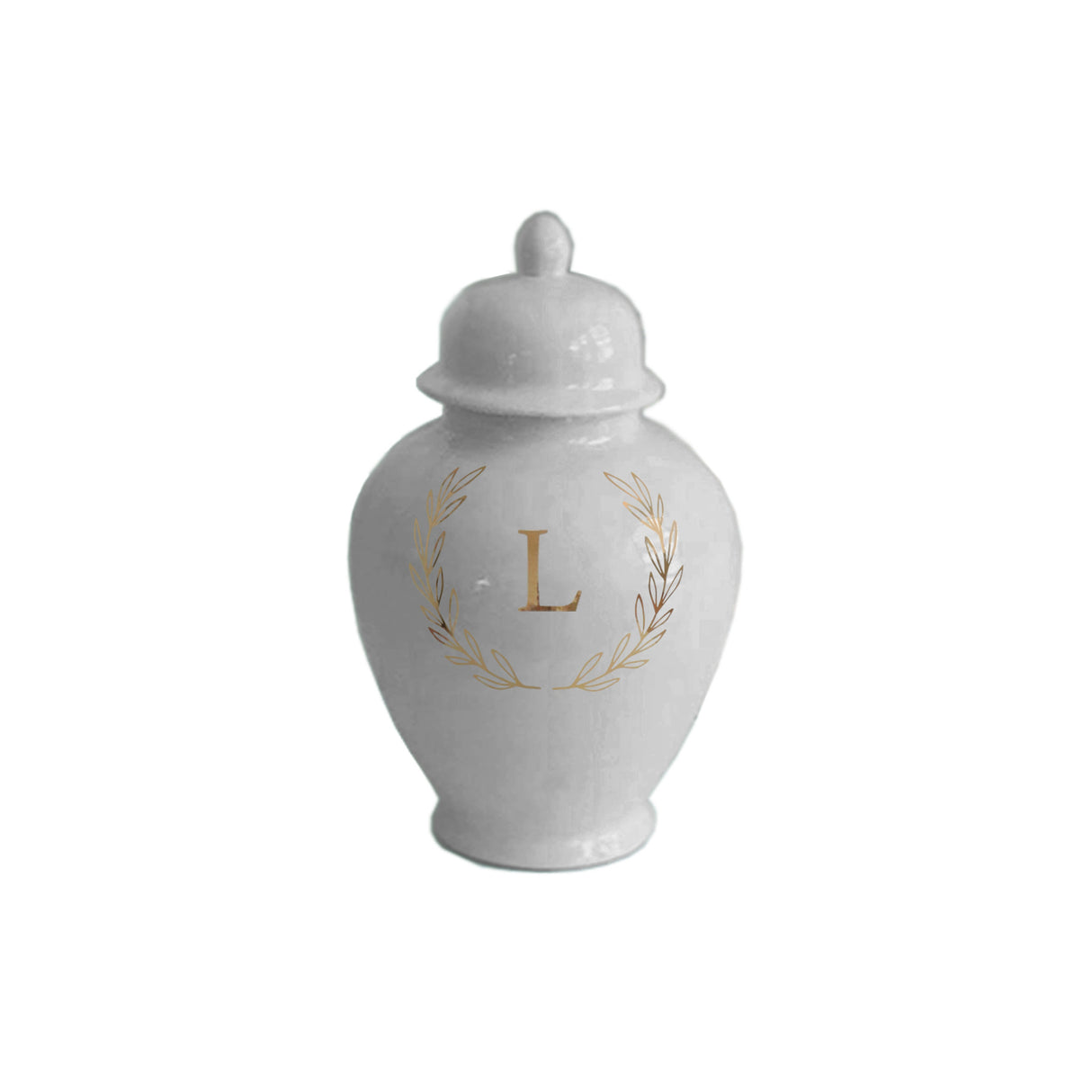 Single Letter Laurel Wreath Monogram Ginger Jars in Light Gray