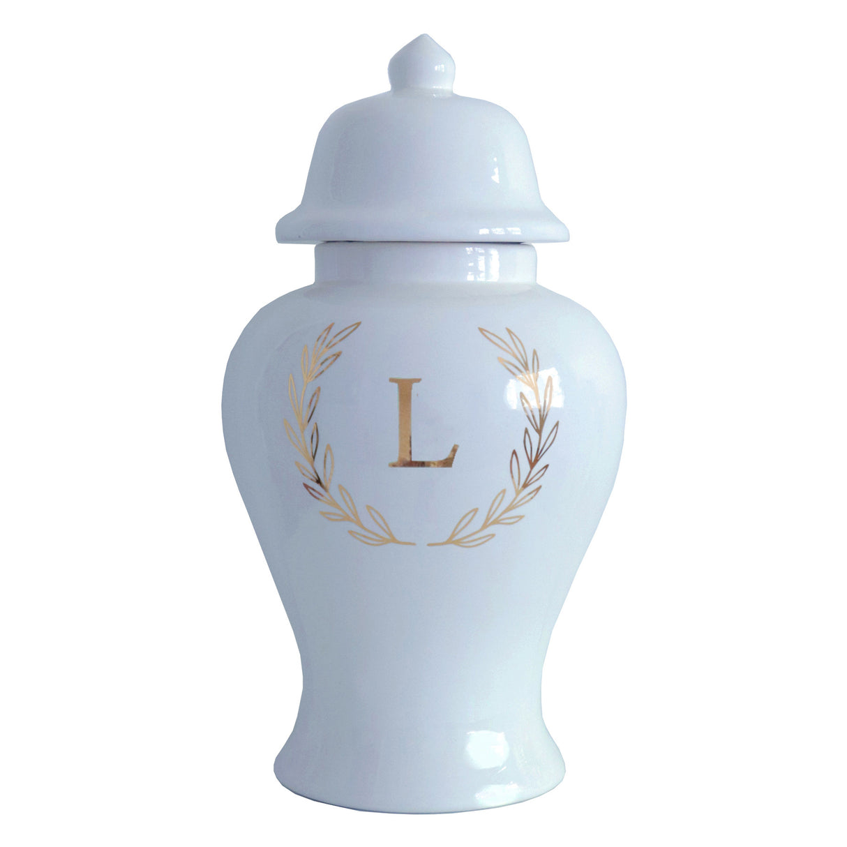 Single Letter Laurel Wreath Monogram Ginger Jars in Hydrangea Light Blue