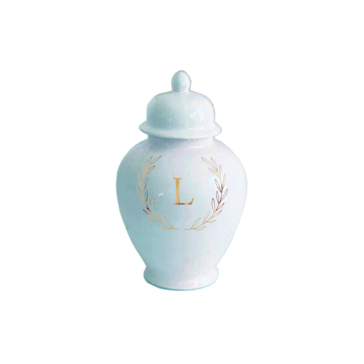 Single Letter Laurel Wreath Monogram Ginger Jars in Hydrangea Light Blue
