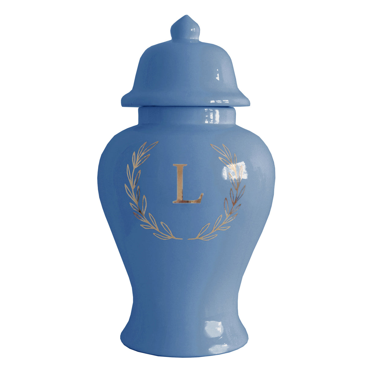 Single Letter Laurel Wreath Monogram Ginger Jars in French Blue
