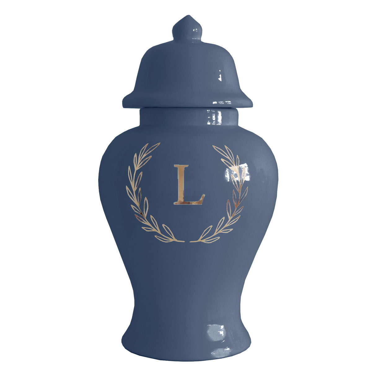 Single Letter Laurel Wreath Monogram Ginger Jars in Navy