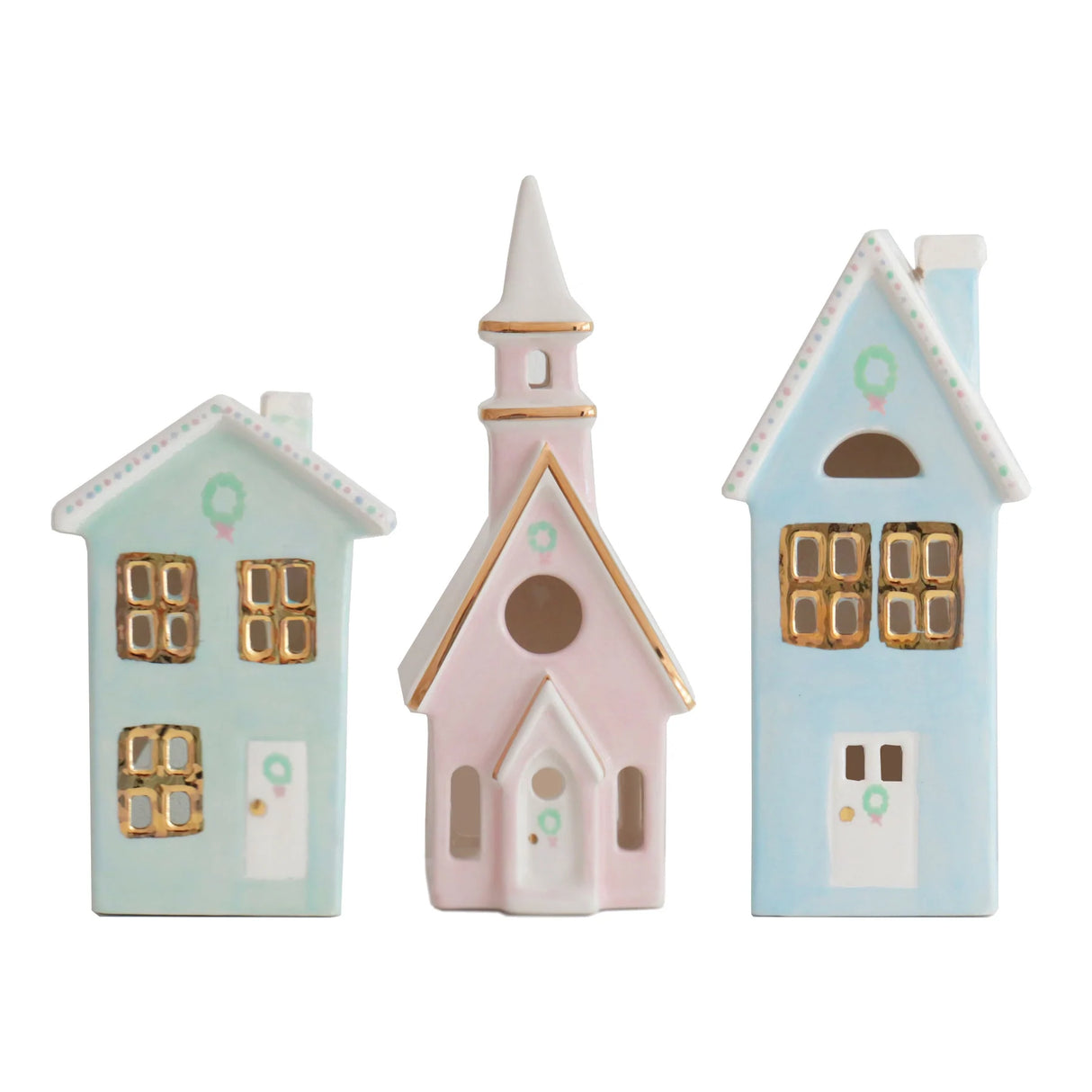Pastel Christmas Village 3-Piece Set with 22K Gold Accents | Wholesale