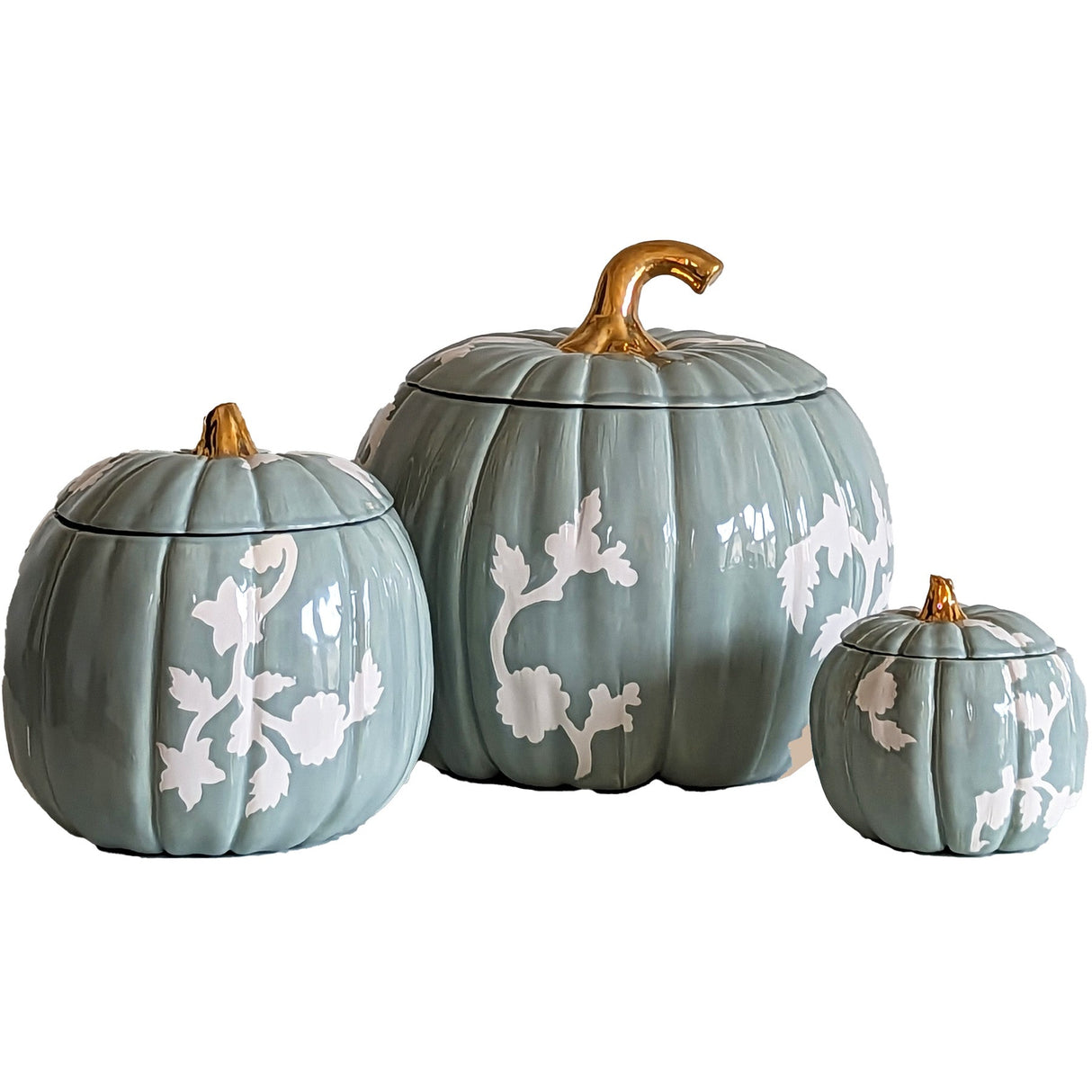 Chinoiserie Pumpkin Jars with 22K Gold Accents in Lamb's Ear
