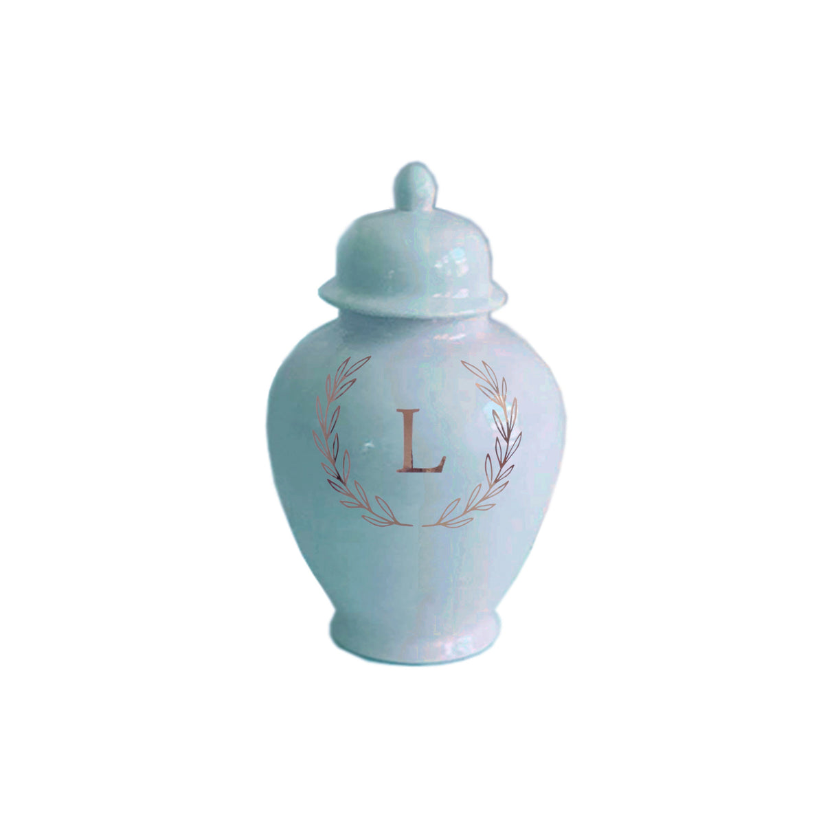 Single Letter Laurel Wreath Monogram Ginger Jars in Robin's Egg