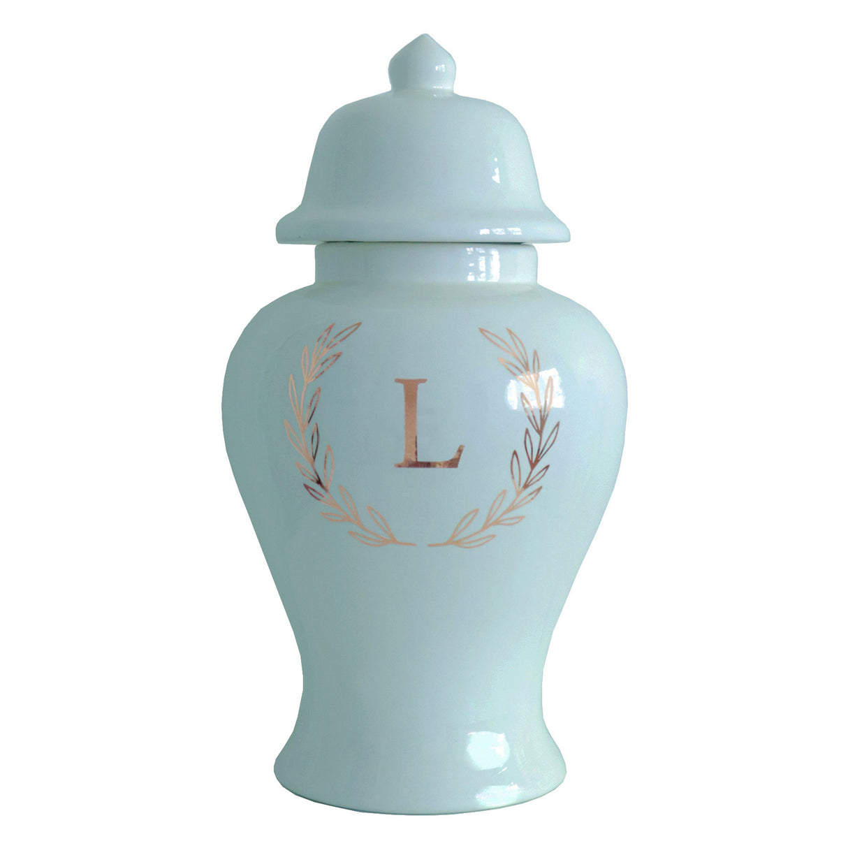 Single Letter Laurel Wreath Monogram Ginger Jars in Robin's Egg