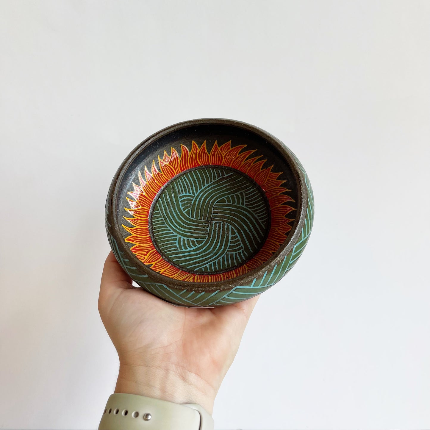 Black Clay Bowl Santa Fe Style: Green, Red, Orange | Jim Pratt - Tulsa Clay