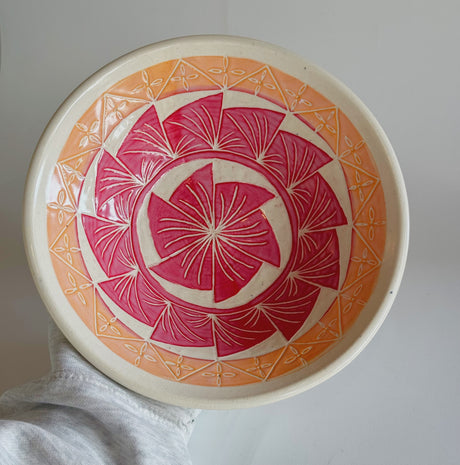 White Clay Bowl - Red & Orange Geometric | Jim Pratt- Tulsa Clay