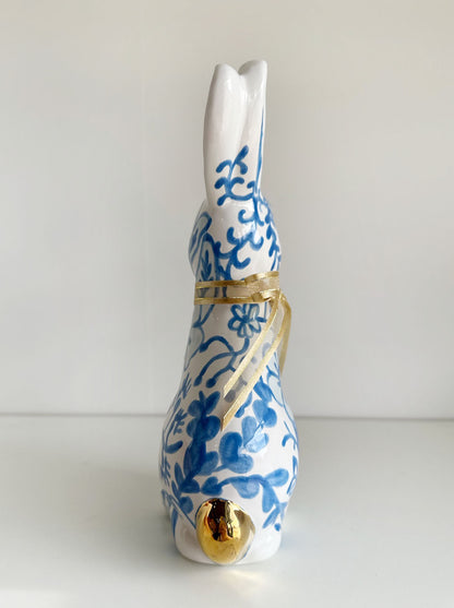 LIMITED! Hand Painted Chinoiserie Blue Bunny with 22K Gold Accents