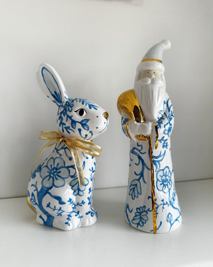 LIMITED! Hand Painted Chinoiserie Blue Bunny with 22K Gold Accents