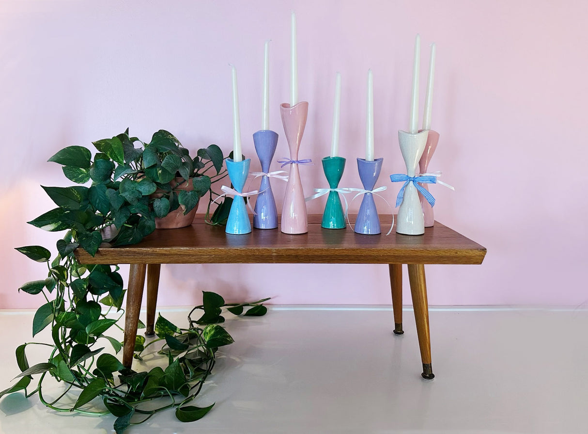 Tulip Candlestick Holders in Hydrangea Blue