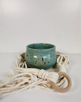 Speckled Turquoise Stoneware Planter with White Macrame Hanger | Lucinda Meglemre