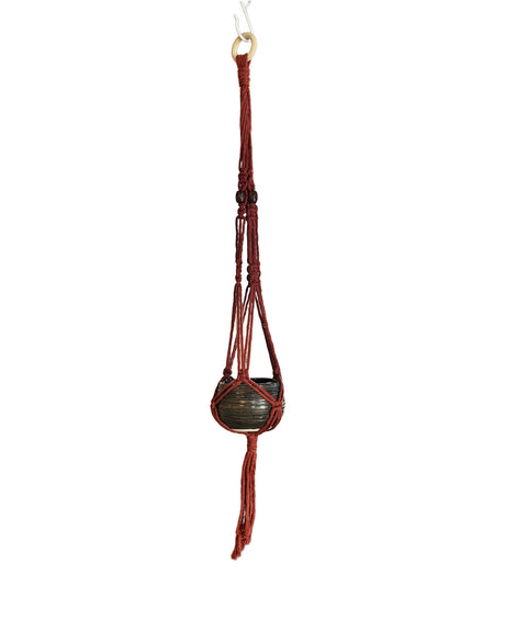 Ridged Deep Brown Stoneware Planter with Red Macrame Hanger | Lucinda Meglemre