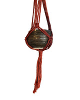 Ridged Deep Brown Stoneware Planter with Red Macrame Hanger | Lucinda Meglemre