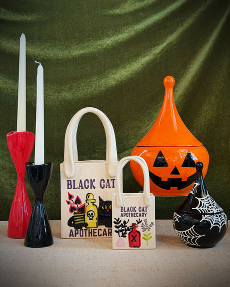 Black Cat Apothecary Tote Bag Vase Featuring Handpainted Artwork