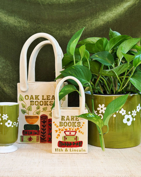 Book Shop Tote Bag Vase Featuring Handpainted Artwork