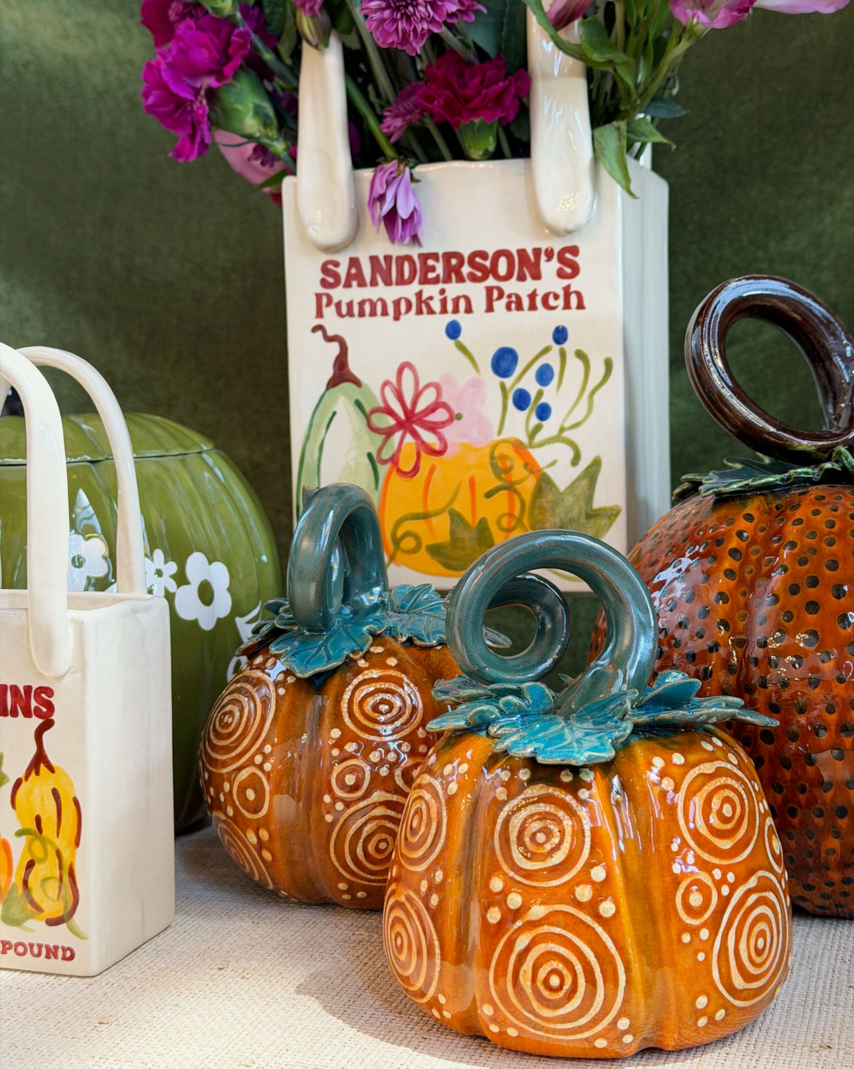 Pumpkin Patch Tote Bag Vase Featuring Handpainted Artwork