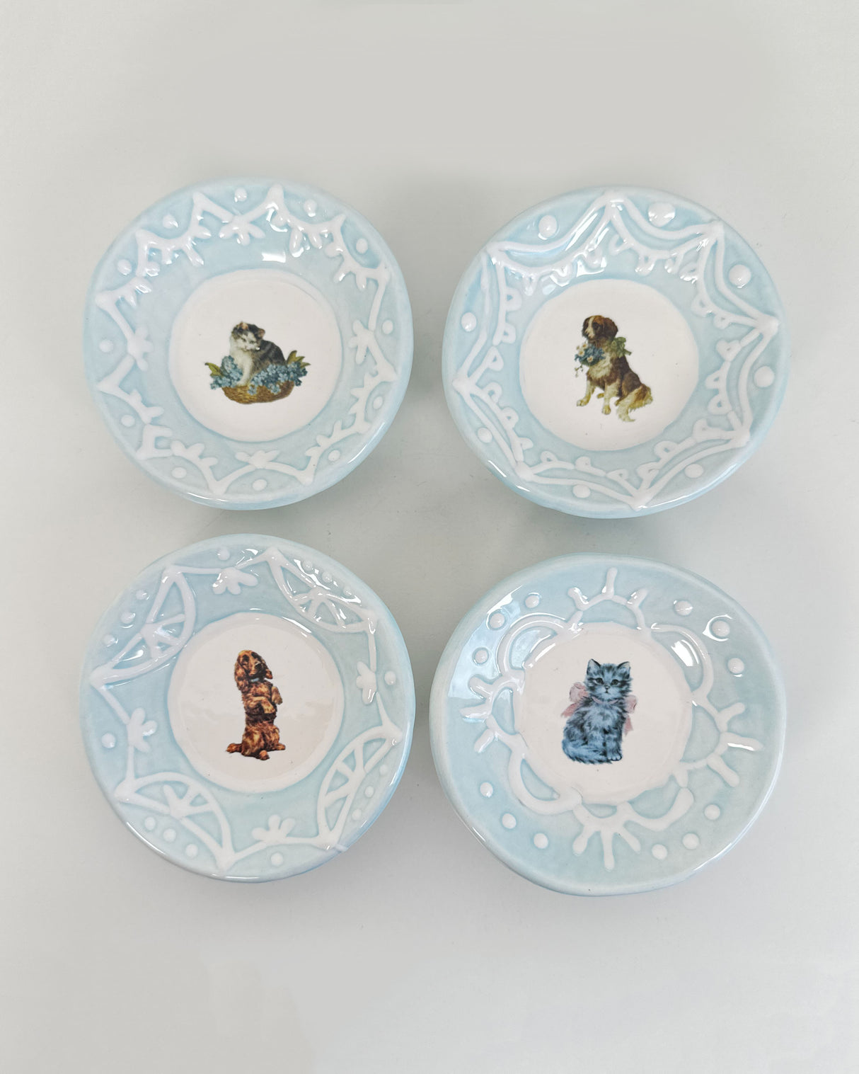 Lacey Light Blue Dishes Featuring Vintage Artwork and a Hook for Hanging | Jessica Walker