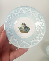 Lacey Light Blue Dishes Featuring Vintage Artwork and a Hook for Hanging | Jessica Walker
