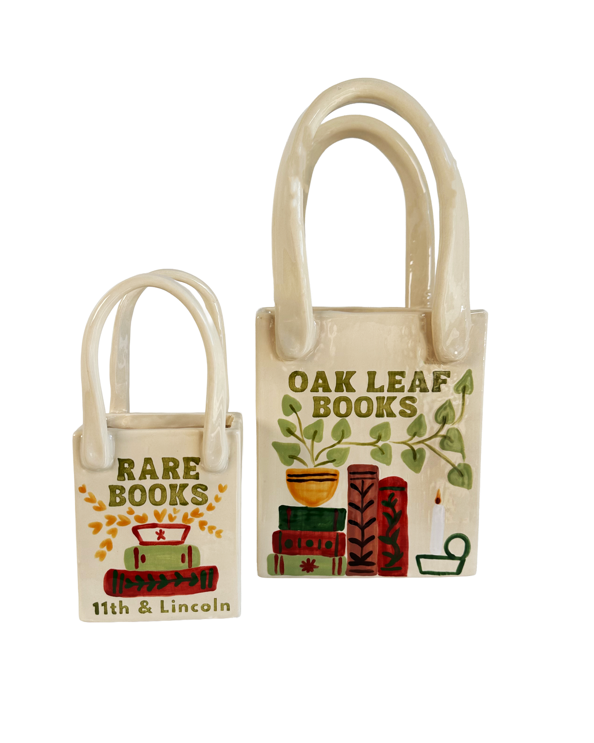 Book Shop Tote Bag Vase Featuring Handpainted Artwork