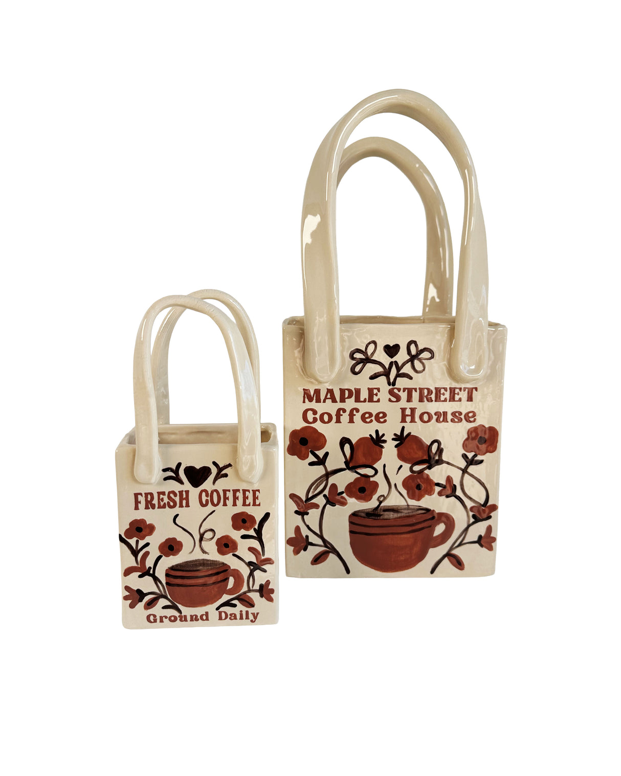 Coffee Shop Tote Bag Vase Featuring Handpainted Artwork