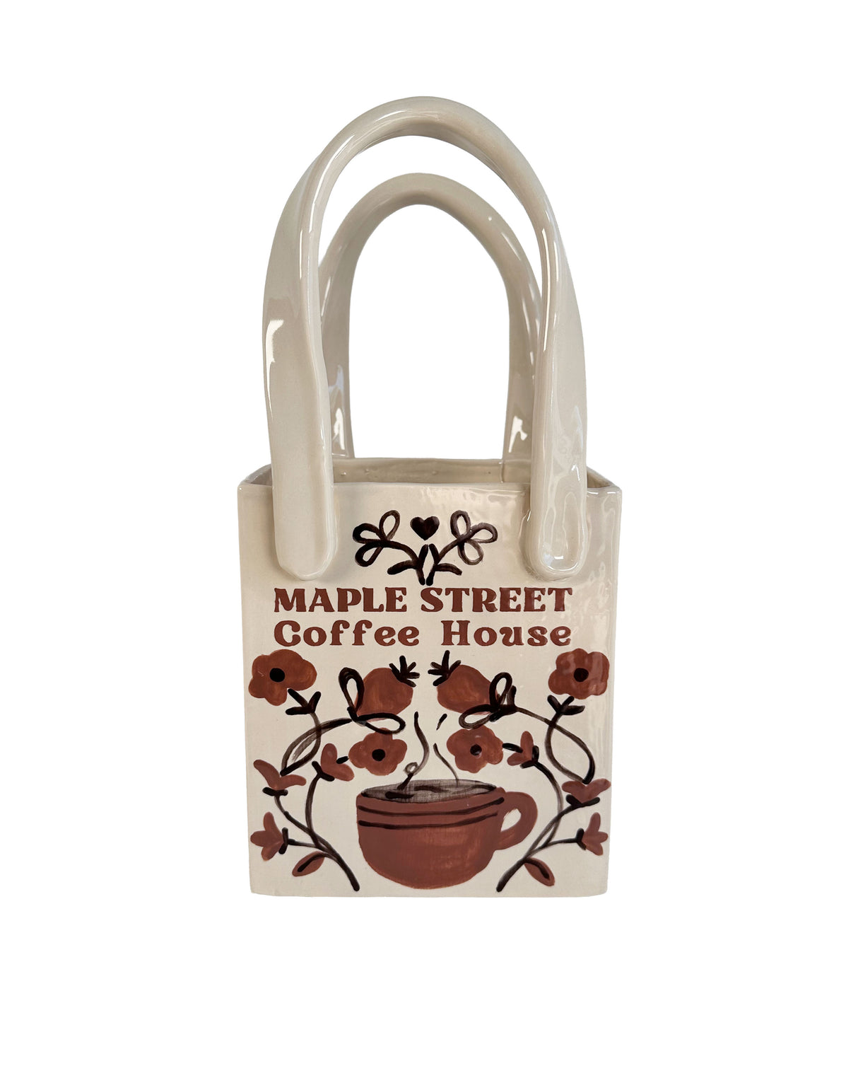 Coffee Shop Tote Bag Vase Featuring Handpainted Artwork