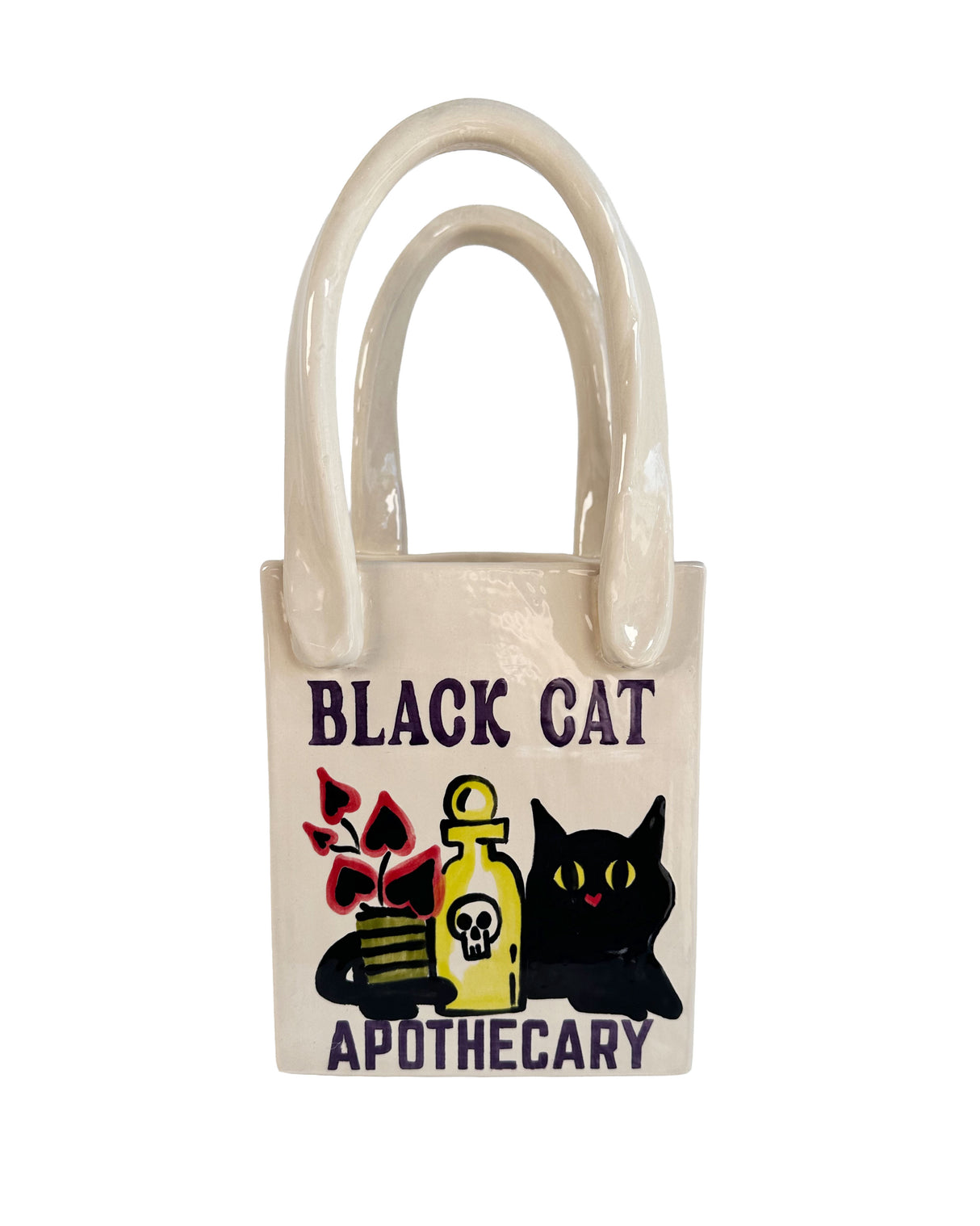 Black Cat Apothecary Tote Bag Vase Featuring Handpainted Artwork