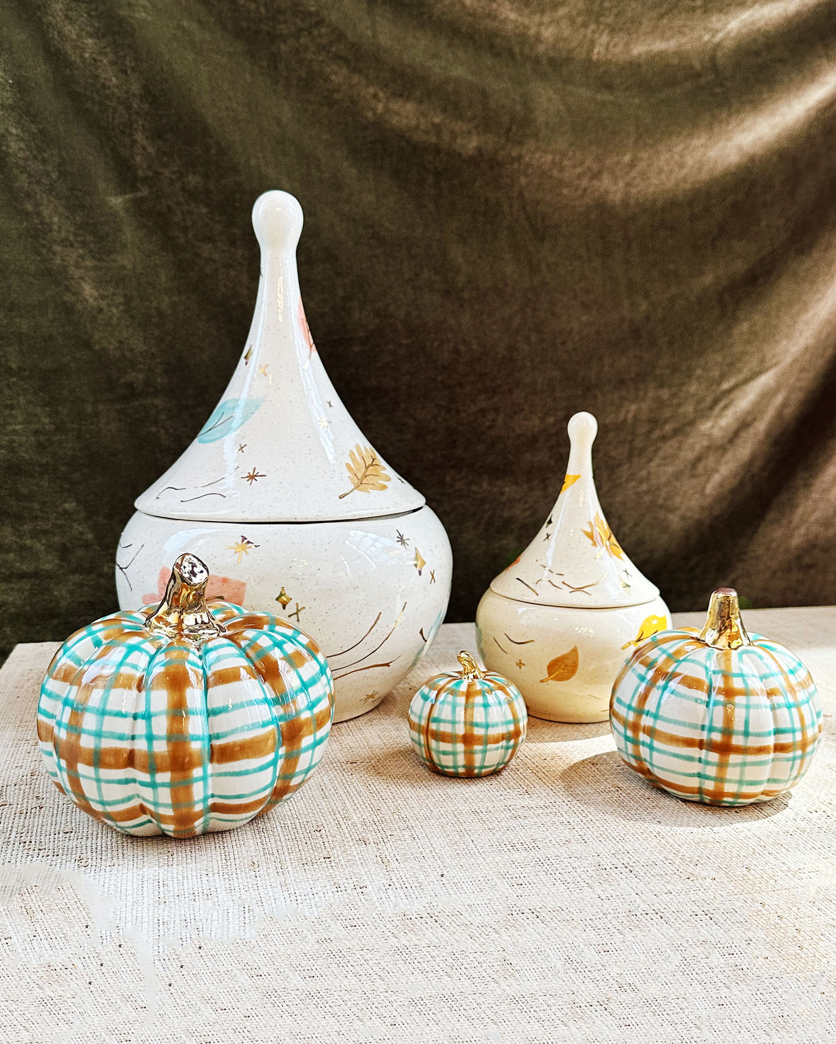 Sand & Jade Plaid Pumpkins with 22k Gold Accents
