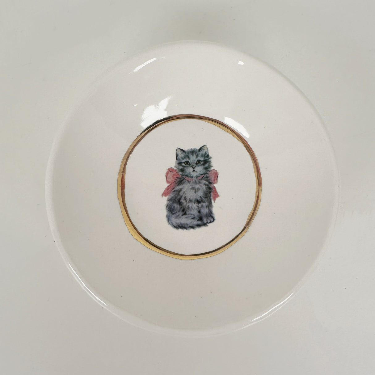 White Dish Featuring Vintage Artwork- Cat with Pink Bow | Jessica Walker