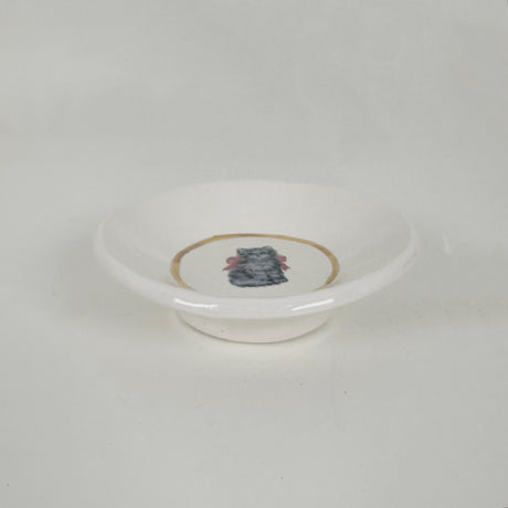White Dish Featuring Vintage Artwork- Cat with Pink Bow | Jessica Walker